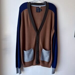 CPO Provisions Colorblock Cardigan Medium Brown Blue Gray Preppy Collegiate